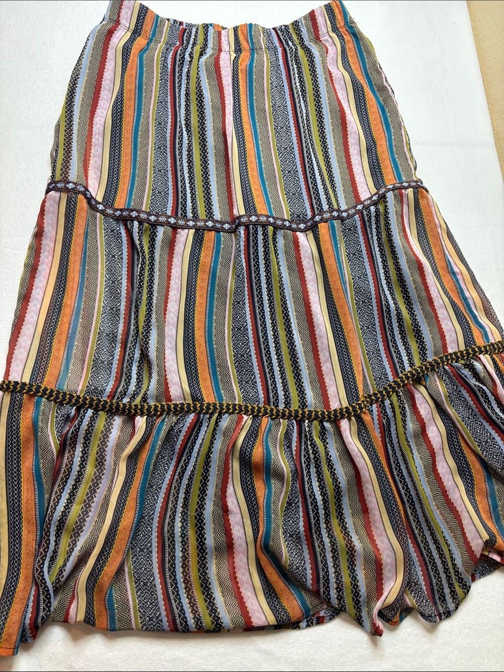 Christopher & Banks Striped Tiered Midi Skirt in Teal, Mustard & Coral